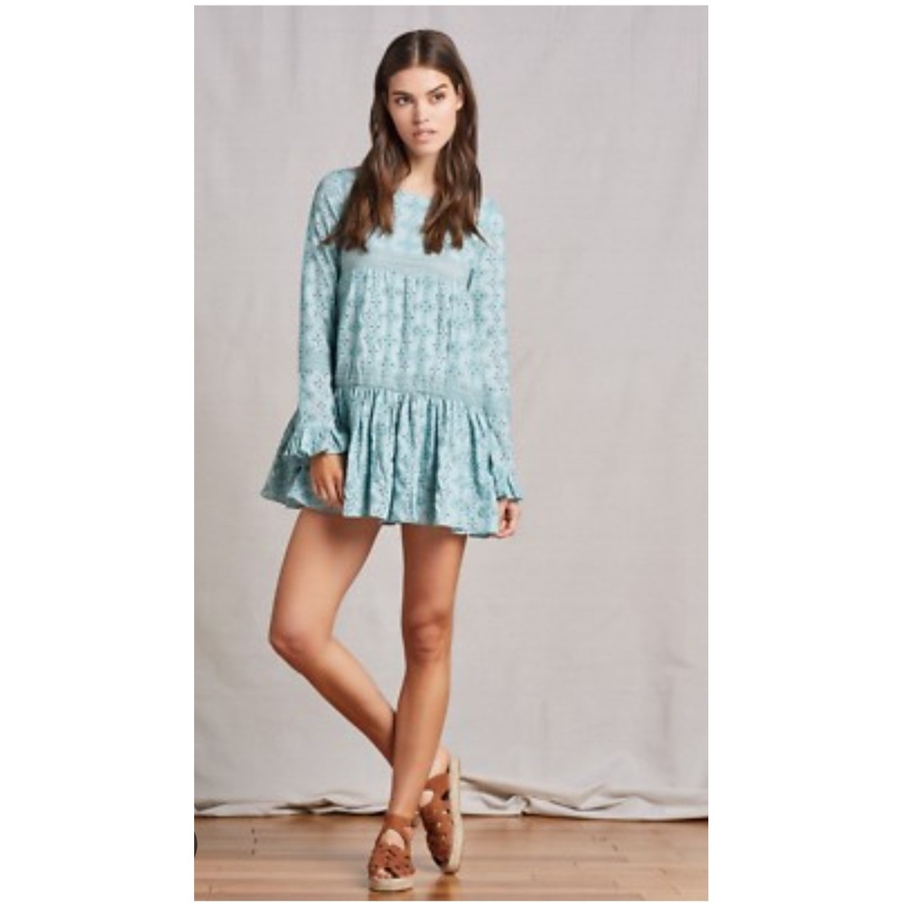 Tularosa Women's Light Blue Berkley Eyelet Ruffle Drop Waist Mini Dress Size S